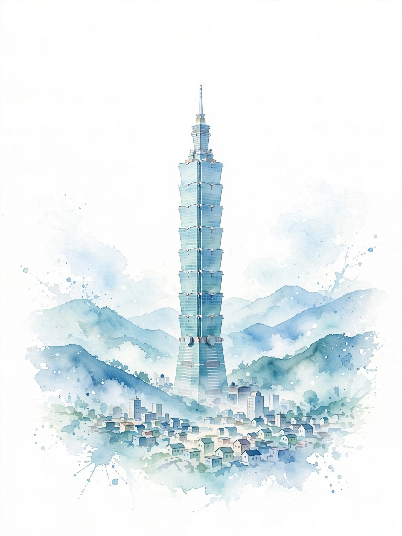 Watercolor painting of Taipei 101 rising above the city and green hills